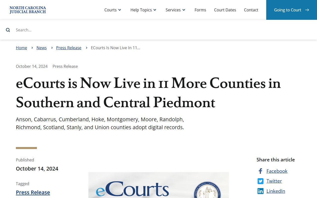 Hoke County court dockets eCourts go-live announcement