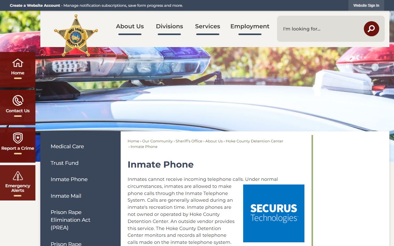 Hoke County inmate records phone rules and Securus information