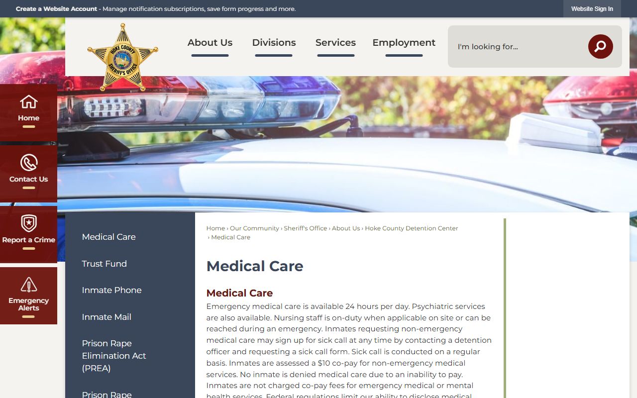 Hoke County inmate records jail medical care rules