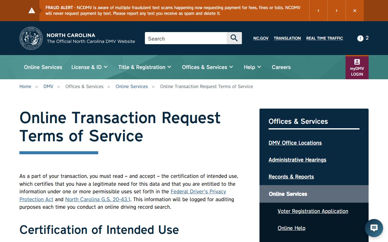 Hoke County traffic court records NCDMV driving record terms of service