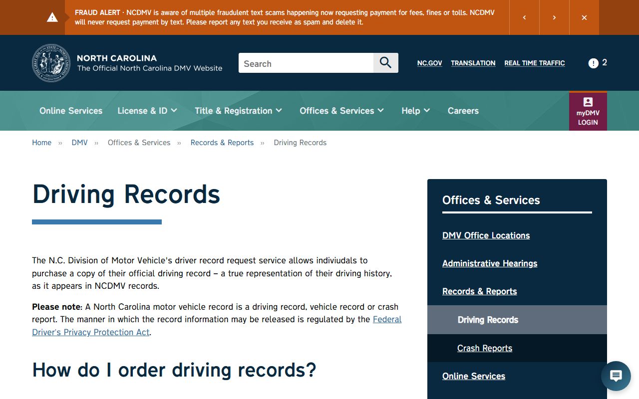 Hoke County traffic court records NCDMV driving records page